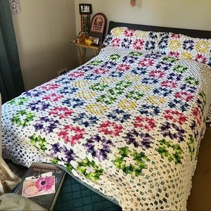 Vintage King Size Crochet Granny Square Blanket with Pillow Shams Hippie